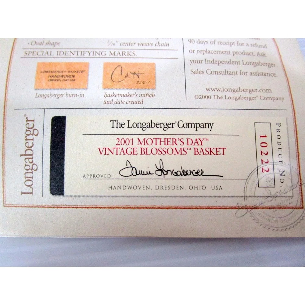 Longaberger 2001 Vintage Blossoms Mother's Day Basket Lid Liner Original Cards